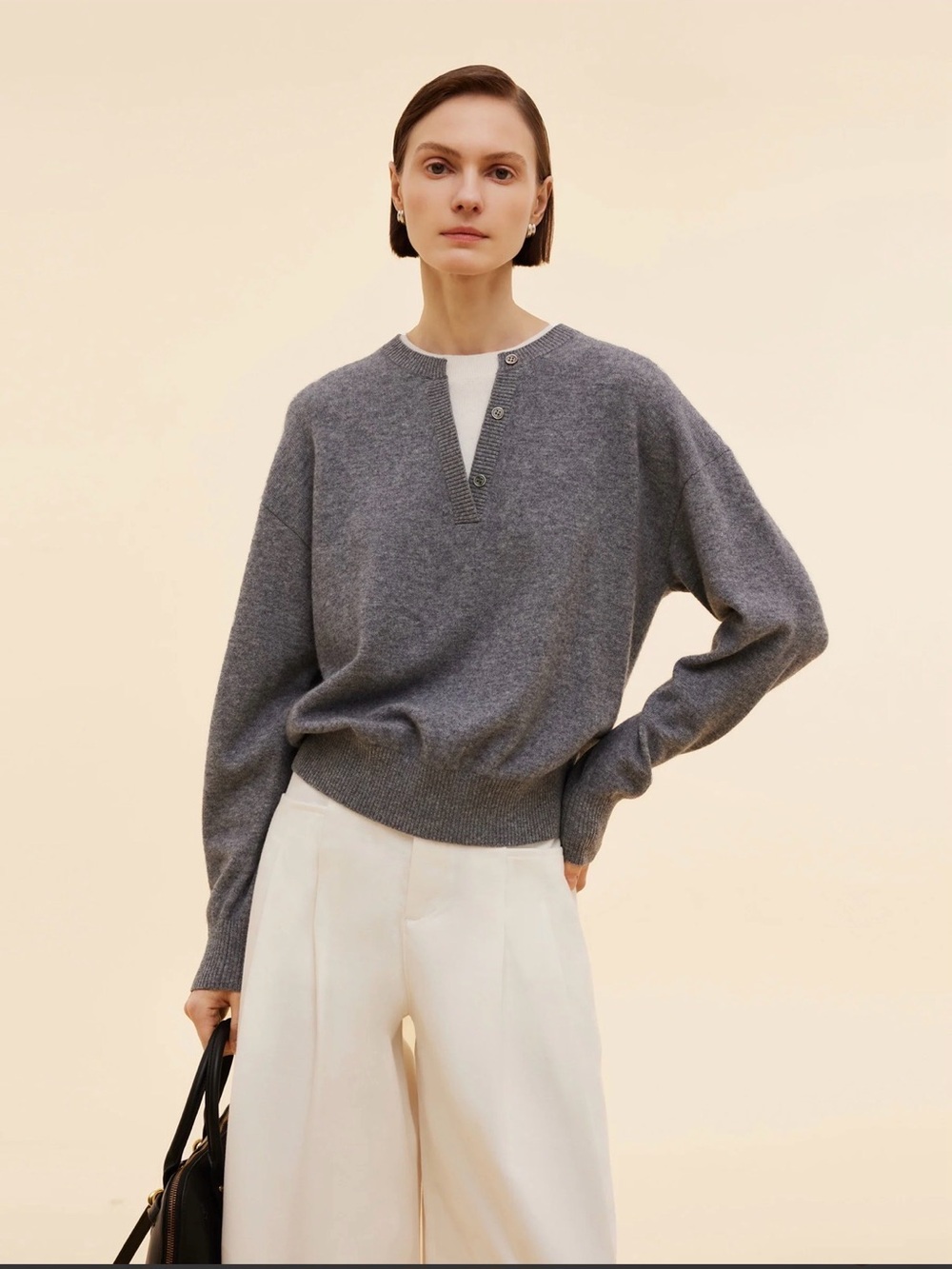 Goelia 100% Wool Women's Gray and Ivory Sweater